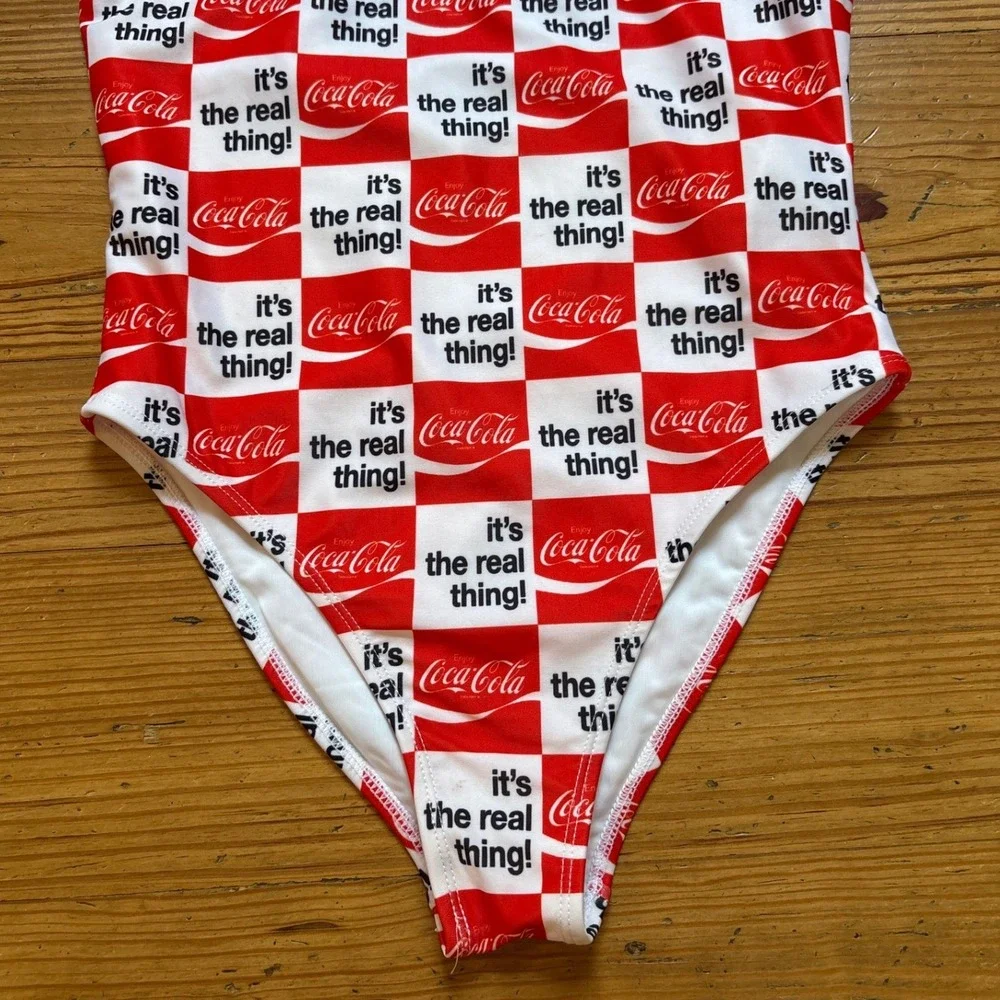 Coca-Cola One Piece Swimsuit Womens Red White‎ Checkered Retro Graphic SIZE S